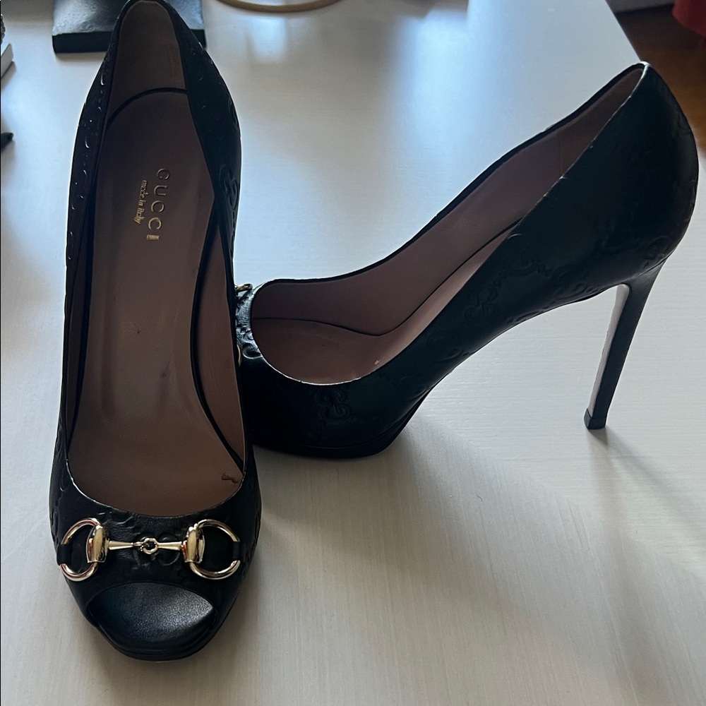 Gucci Peep toe, Black Heels with Gold Horsebit Detailing